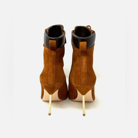 Good American Suede Tobacco Lace Up Gold Heel Pointed Toe Booties NIB Size 8 - Picture 2 of 6